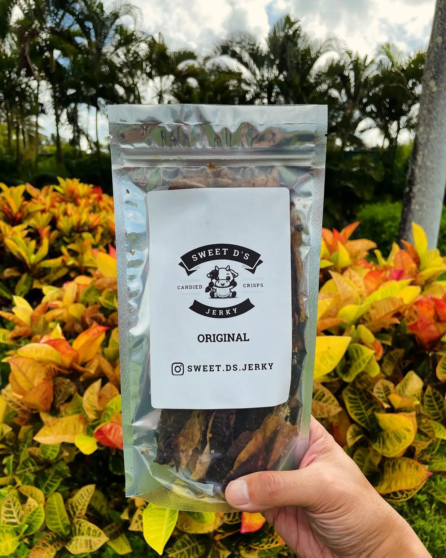 Sweet D's Original Jerky in tropical garden